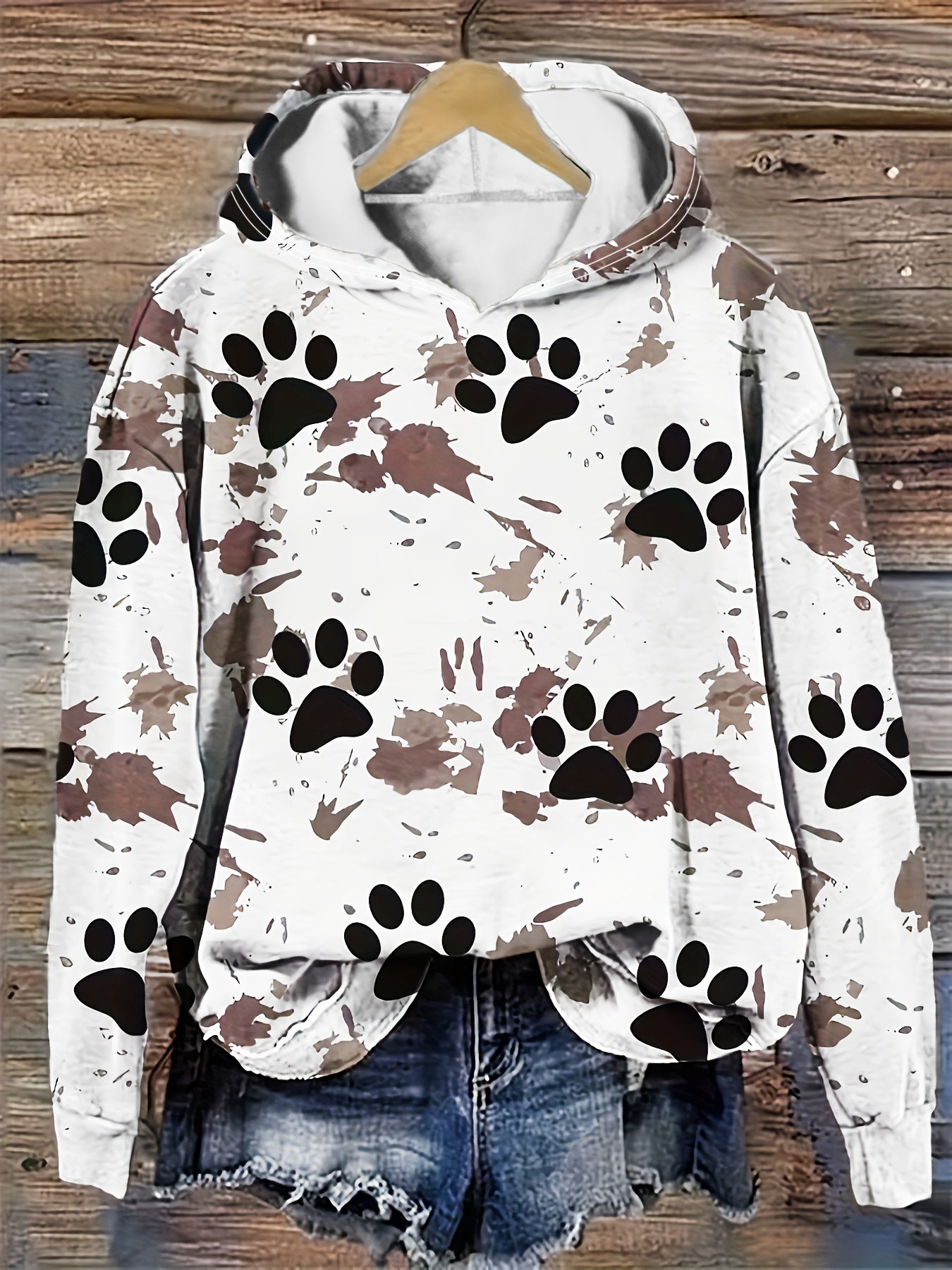 Women's Paw Print Hoodie Cozy Front Pocket Pullover