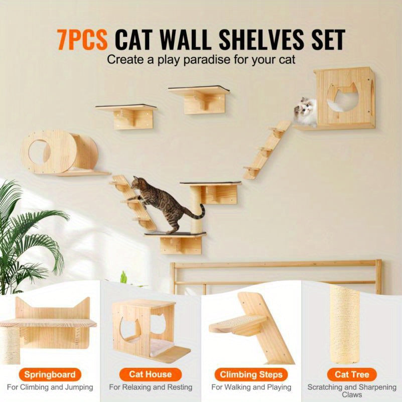 Cat Activity Wall Shelf Set With Hammock Nests 7 Piece