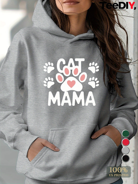 Teediy Cat Mama Paw Print Heart Women's Casual Hoodie for Cat Lovers