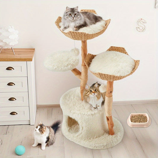 Natural Wood Multi-Level Cat Tower with Woven Baskets and Condo for Indoor Cats