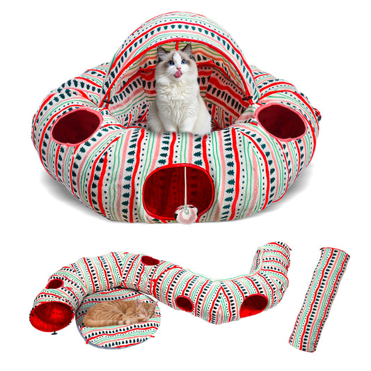 Soft Plush Cat Tunnel Bed Peekaboo Cave Red Striped
