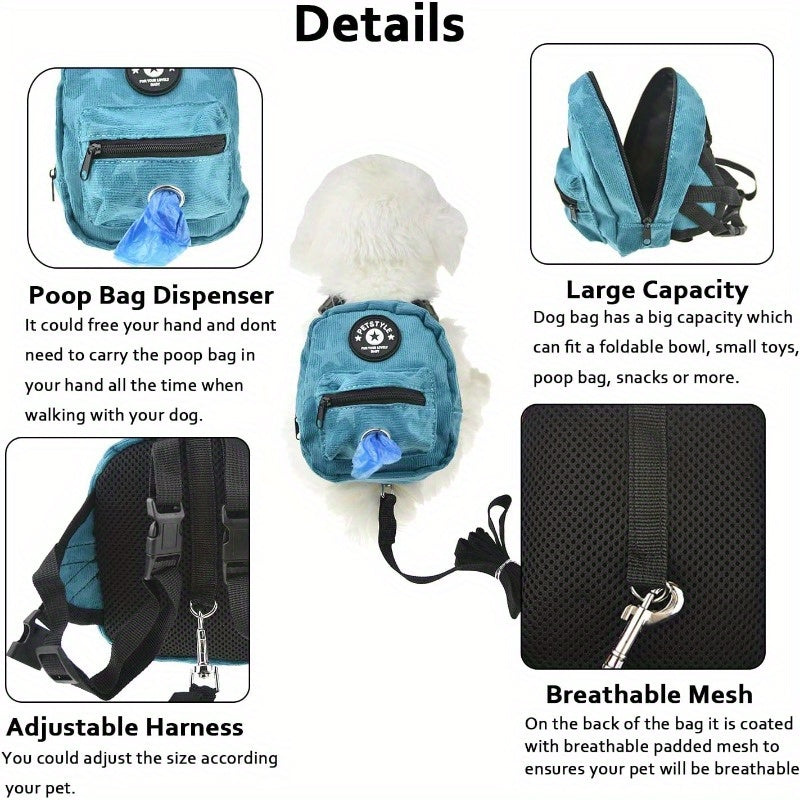 Dog Backpack Harness Adjustable Straps Poop Bag Dispenser
