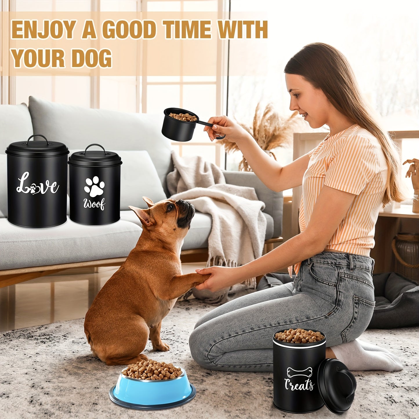 Airtight Metal Dog Treat Canister Set With Labels And Spoon