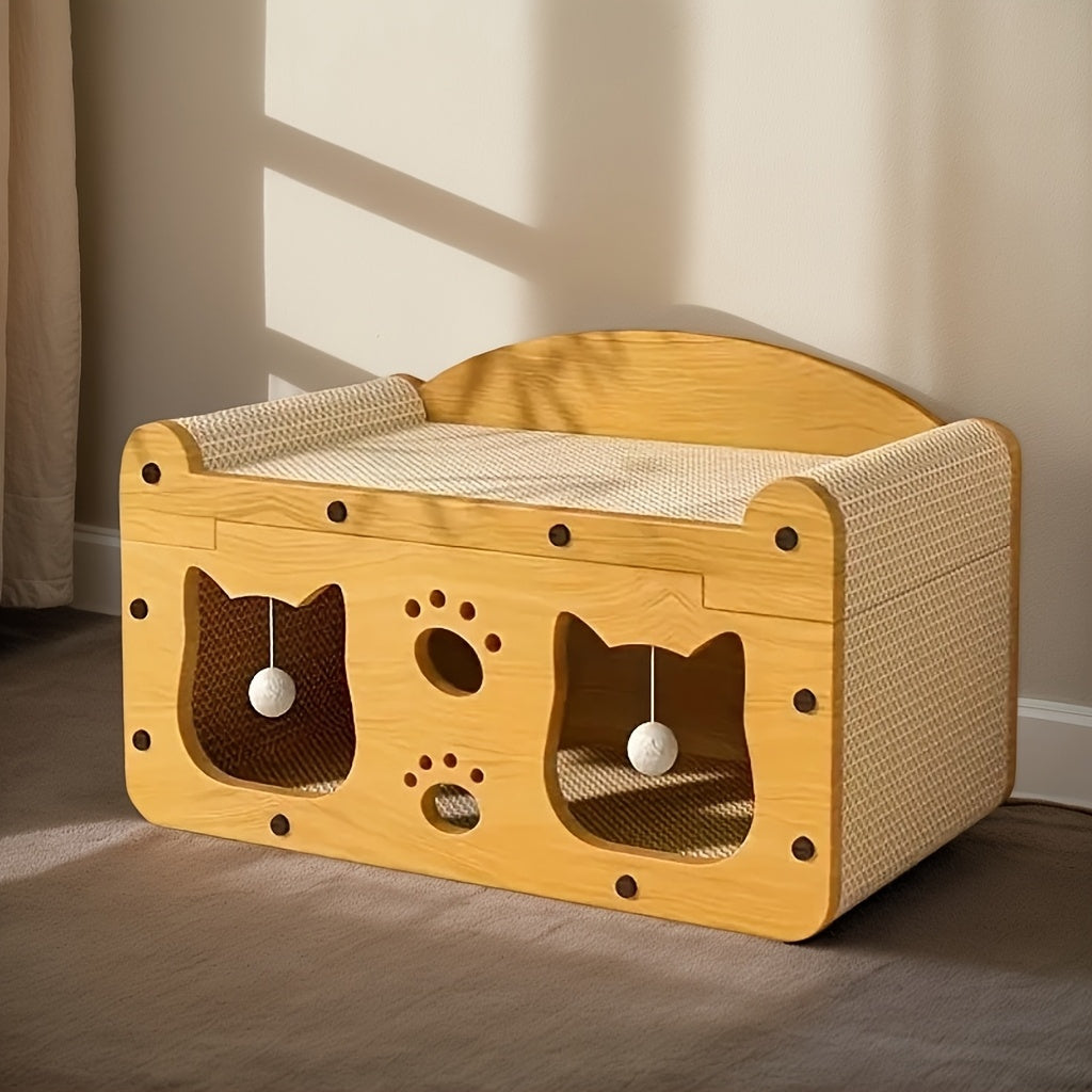 2025 Latest Cat Villa 2-in-1 House with Scratching Board and Interactive Toy Balls
