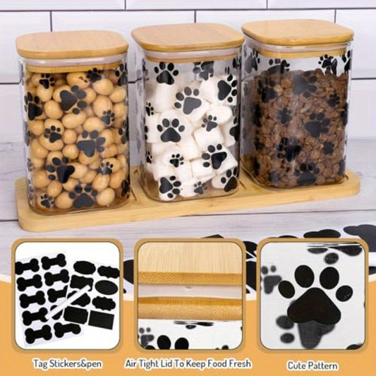 3 Pack Airtight Dog Treat Jars With Paw Print Labels