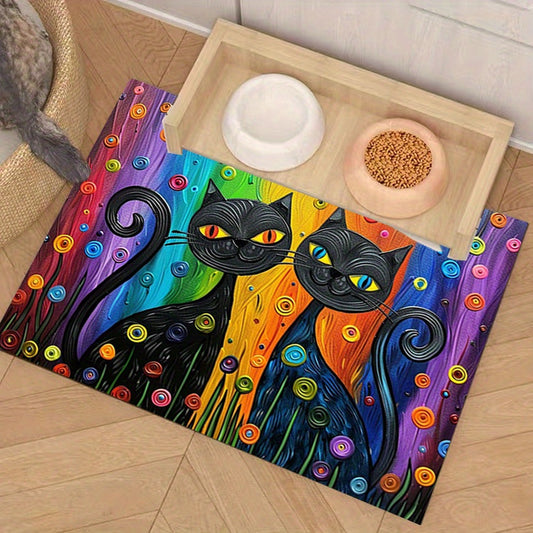 Colorful Cat Design Non-Slip Pet Feeding Mat Waterproof Durable Rubber Indoor Outdoor Use