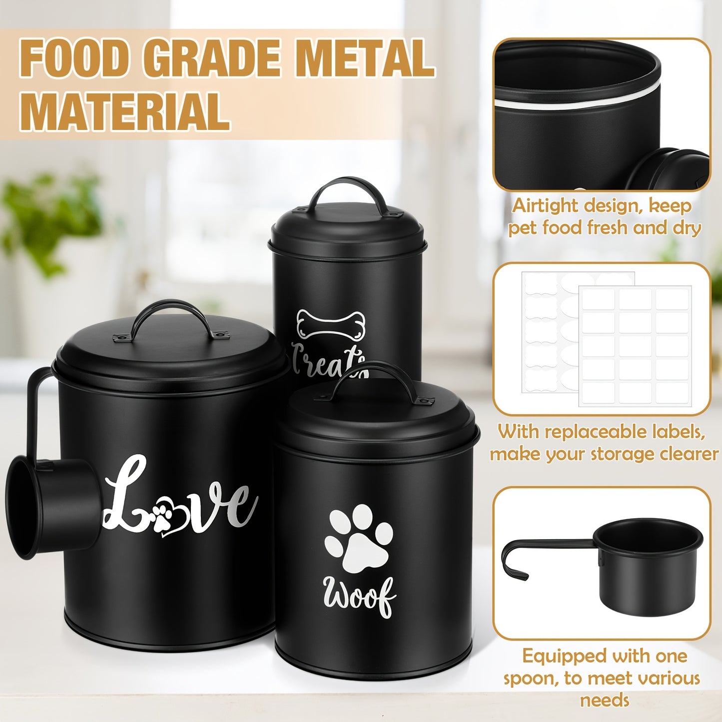 Airtight Metal Dog Treat Canister Set With Labels And Spoon