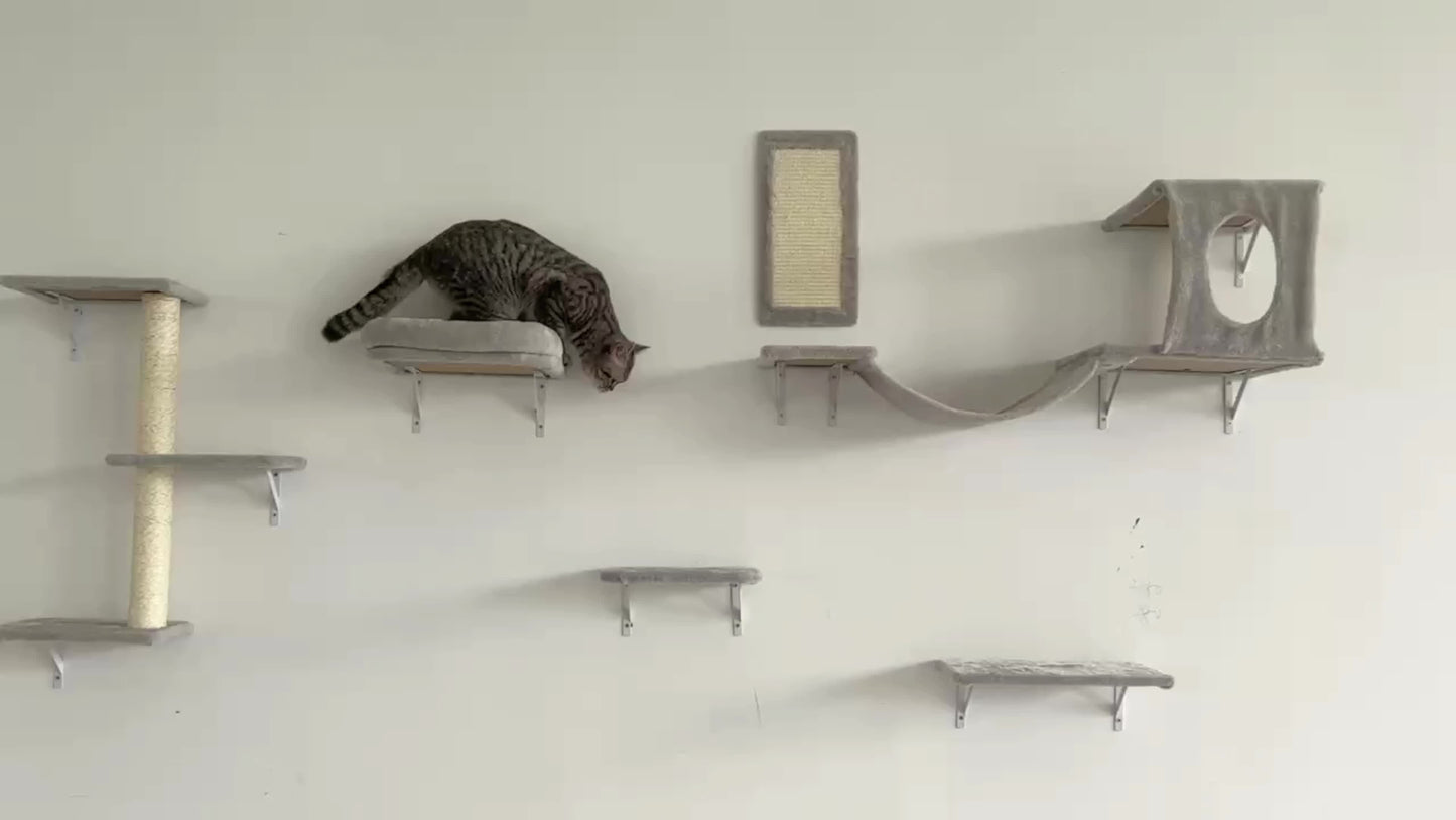 Deluxe 6pcs Wall-Mounted Cat Climbing Shelf Multi-Level Cat Tree with Condo and Scratching Post