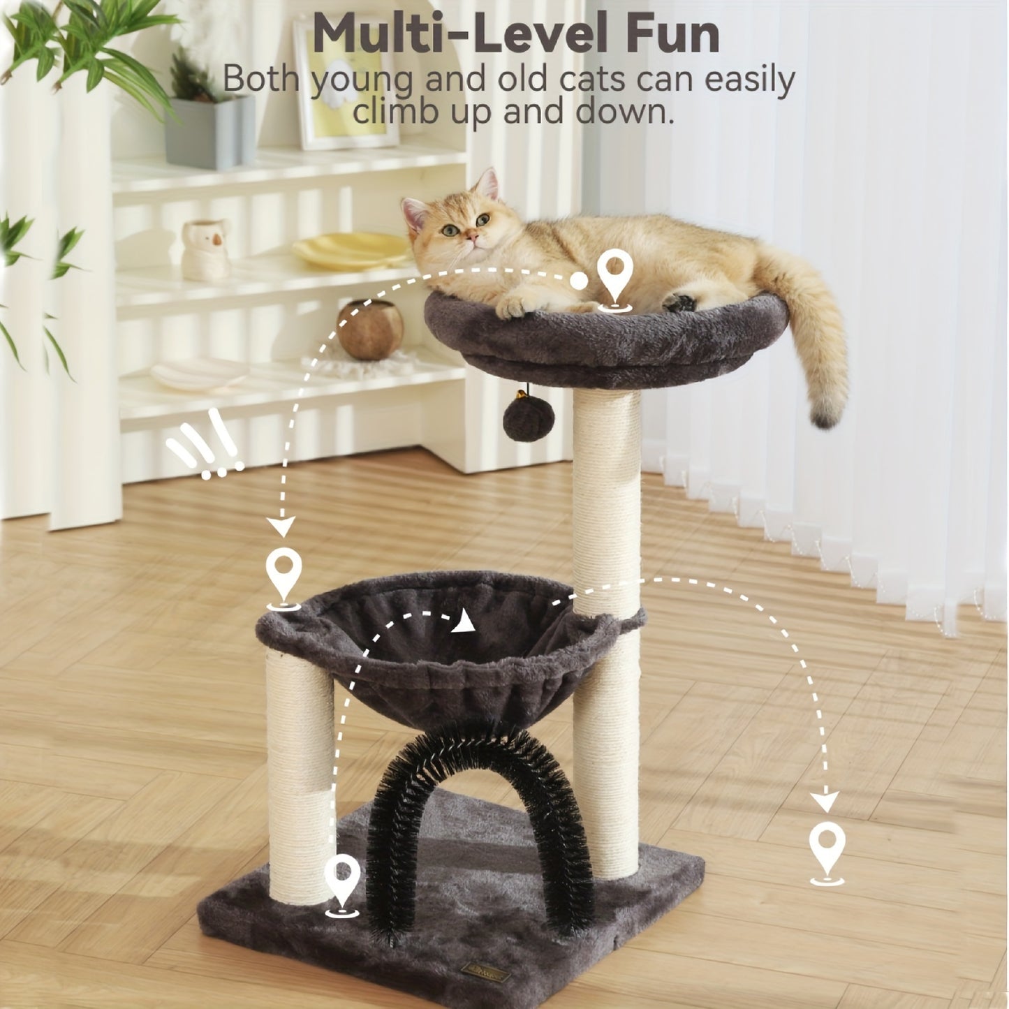 FluffyDream 27.8 Inch Multi-Level Cat Tree Tower for Indoor Cats and Kittens in Creamy Gray