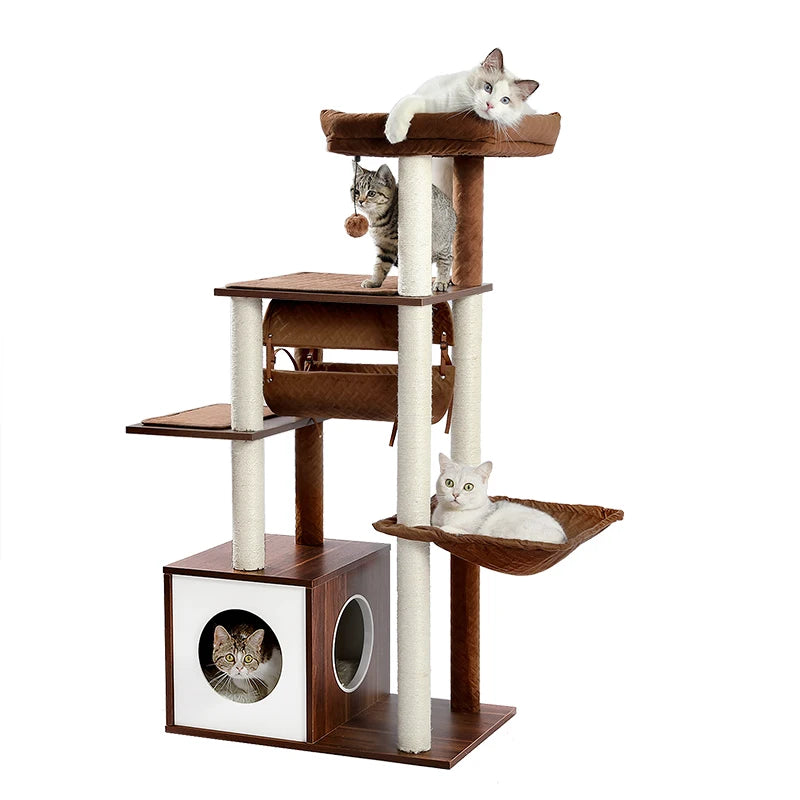 Modern Wooden Multi Level Cat Tree With Luxury Nest And Five Tiers