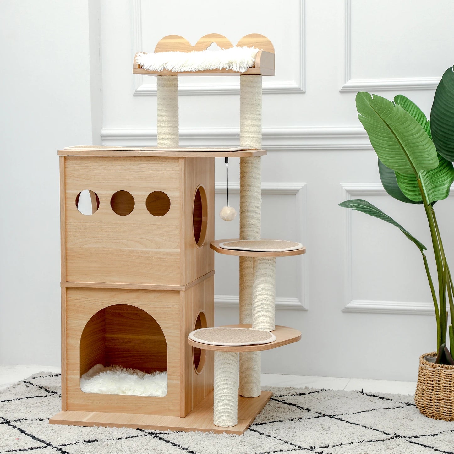 Modern Wooden Multi Level Cat Tree With Luxury Nest And Five Tiers