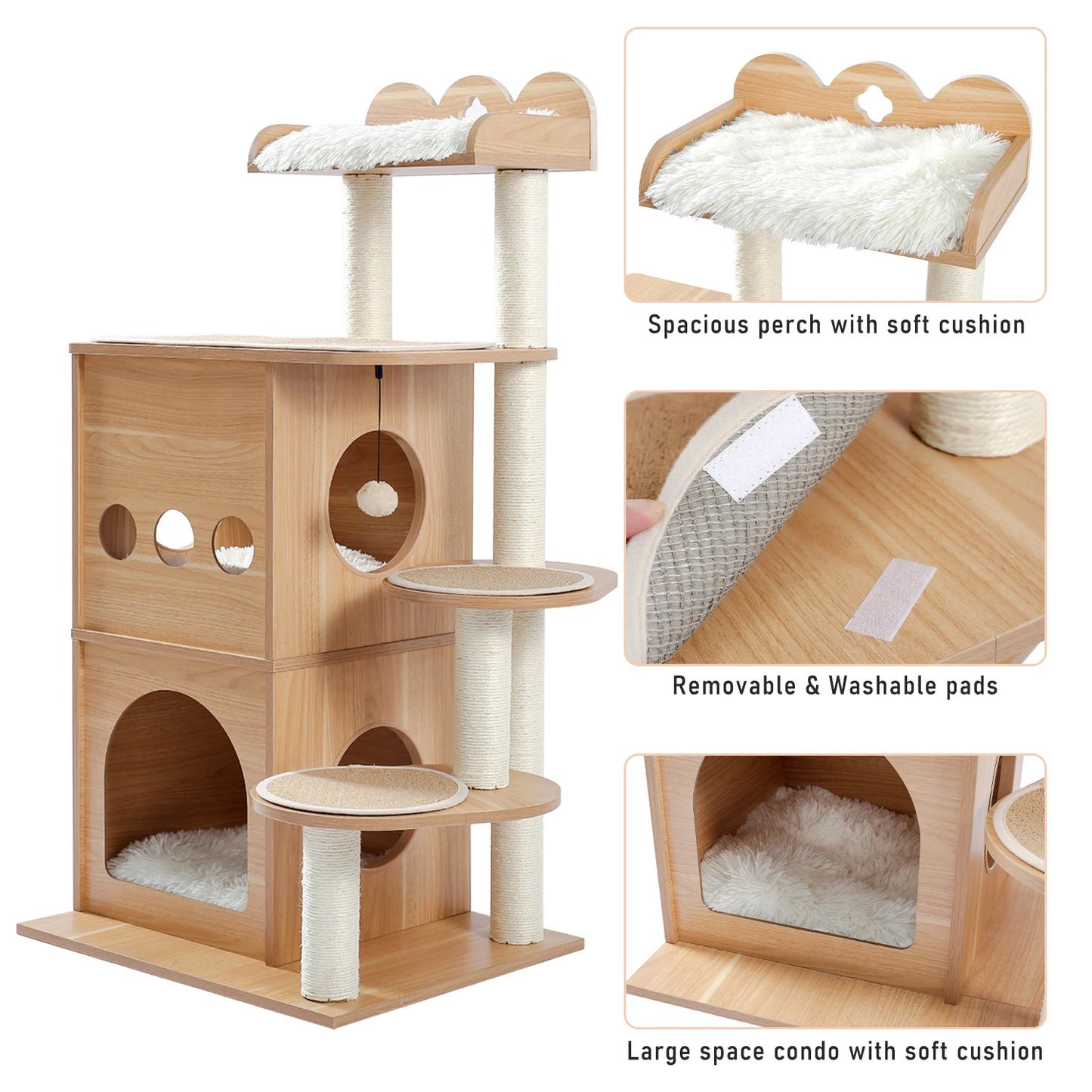 Modern Wooden Multi Level Cat Tree With Luxury Nest And Five Tiers