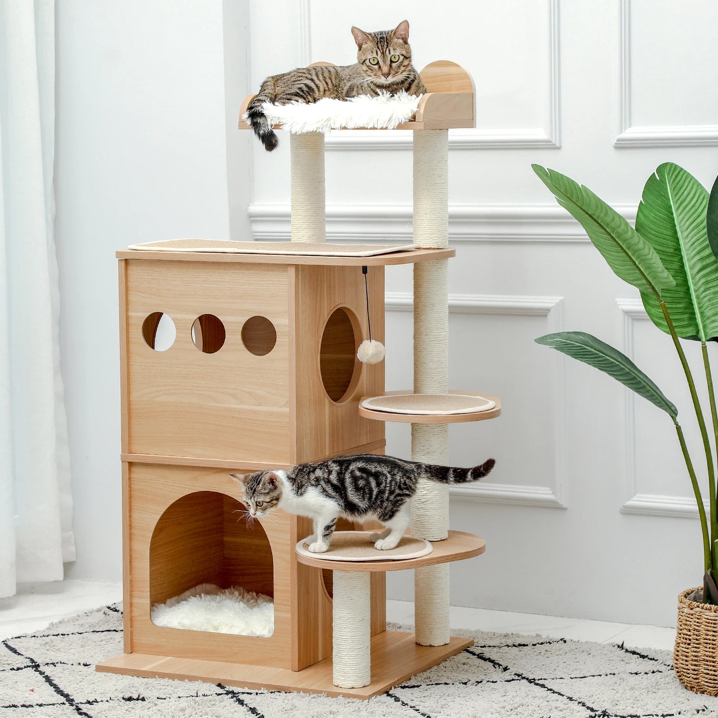 Modern Wooden Multi Level Cat Tree With Luxury Nest And Five Tiers