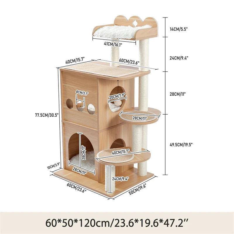 Modern Wooden Multi Level Cat Tree With Luxury Nest And Five Tiers