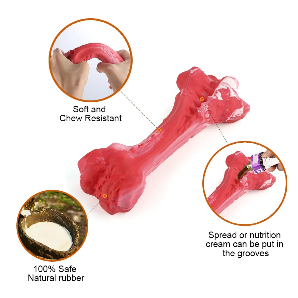 Durable Rubber Dog Bone Chew Toy with Treat Dispensing and Toothbrush Cleaning Features