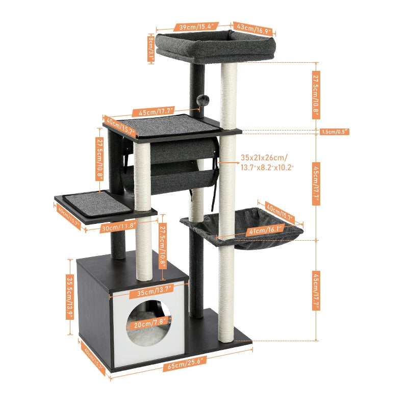 Modern Wooden Multi Level Cat Tree With Luxury Nest And Five Tiers
