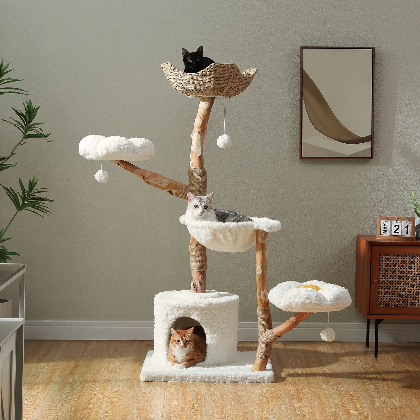 Solid Wood Cat Tree Modern Tower With Spacious Condo
