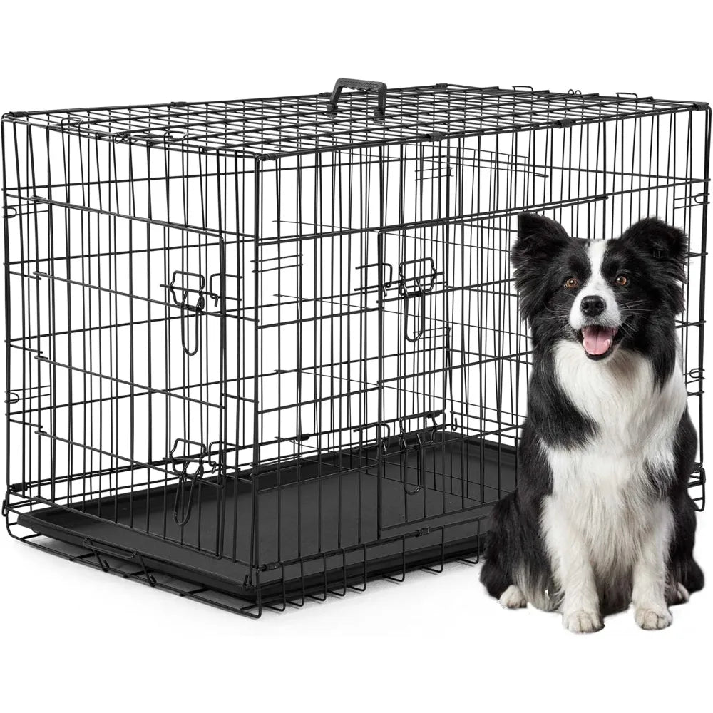 XL Dog Crate Double Door 42 Inch Folding Metal Wire Cage With Removable Tray
