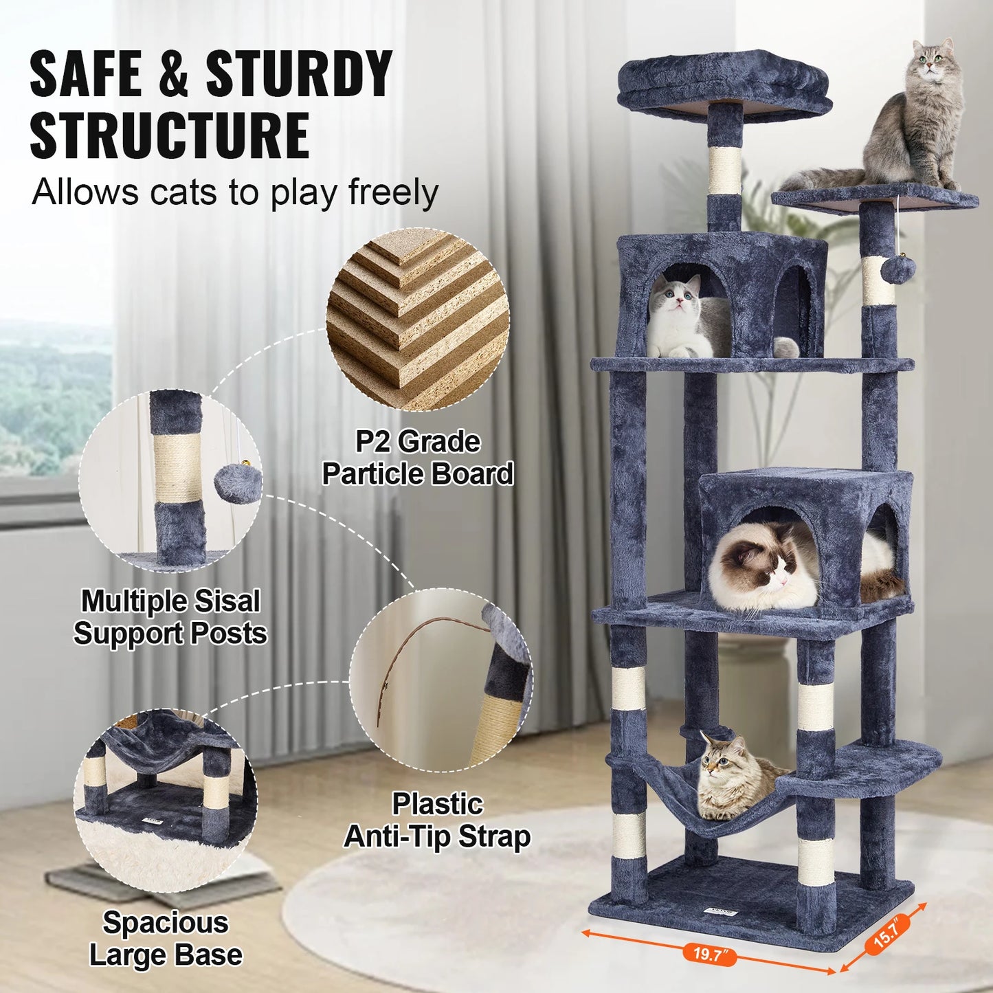 VEVOR Cat Tree for Indoor Cats 63 Inch Cat Tower With Condos