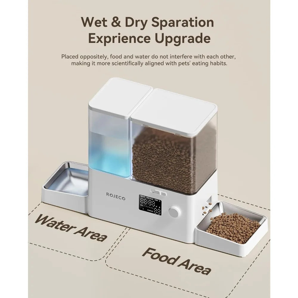 Automatic Cat Feeder and Gravity Water Dispenser 2-in-1 Set Large Capacity with Steel Bowls