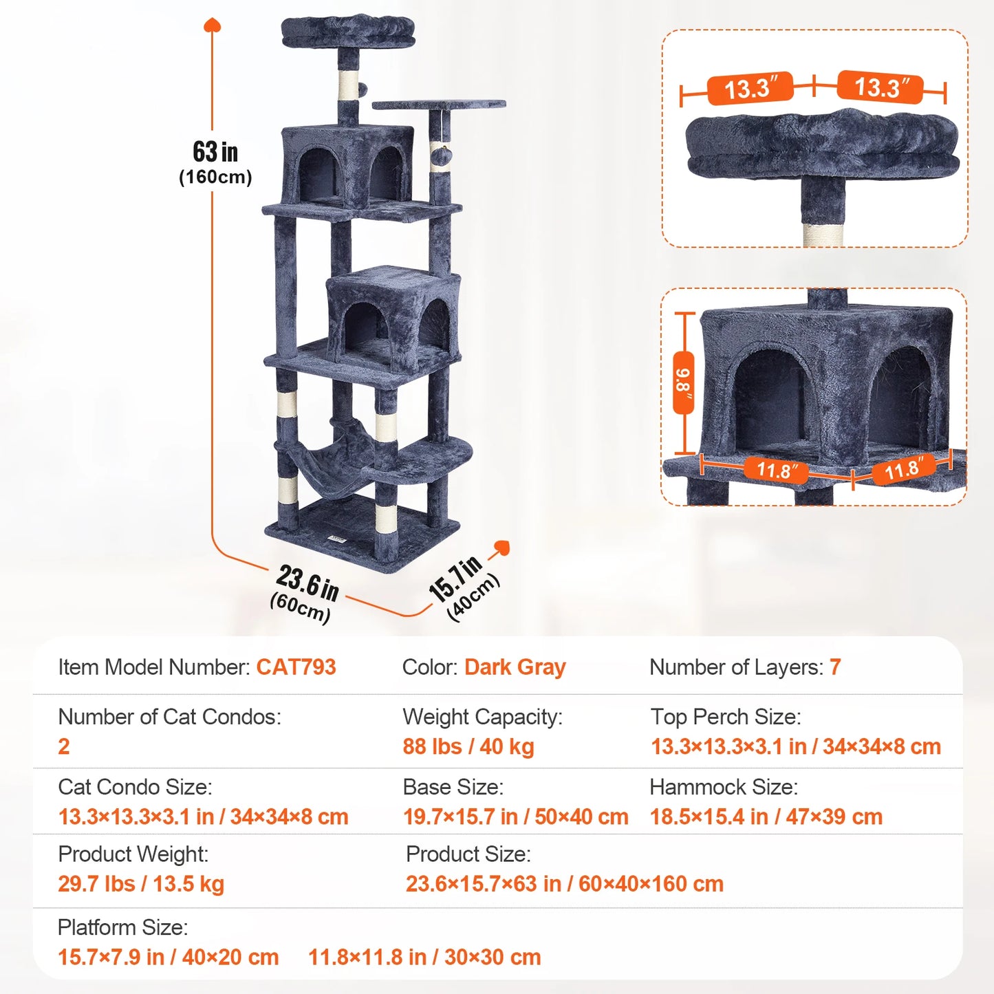 VEVOR Cat Tree for Indoor Cats 63 Inch Cat Tower With Condos
