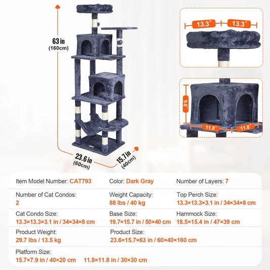 VEVOR Cat Tree for Indoor Cats 63 Inch Cat Tower With Condos