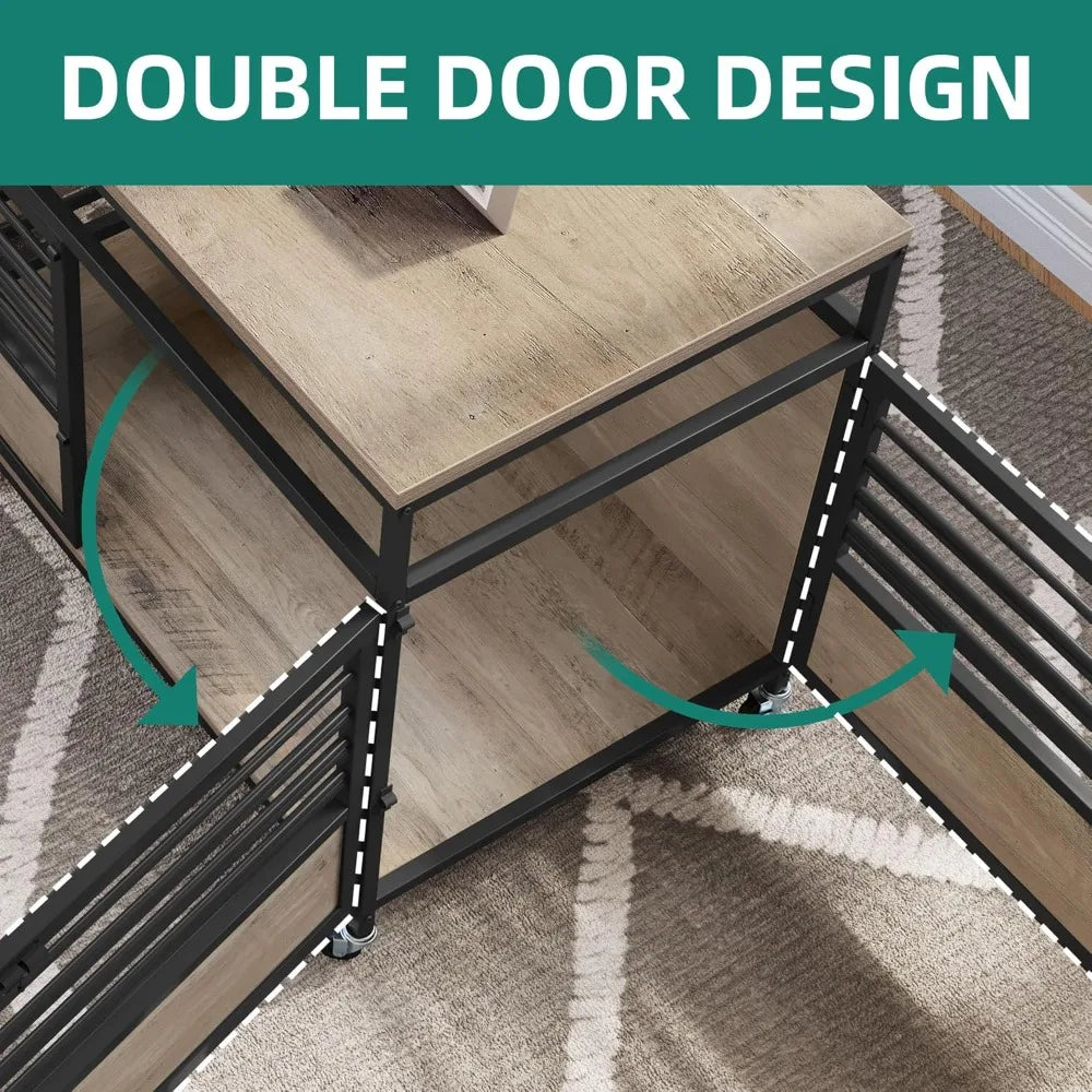39 Inch Dog Crate Table On Wheels Heavy Duty Wood Cage With Double Doors