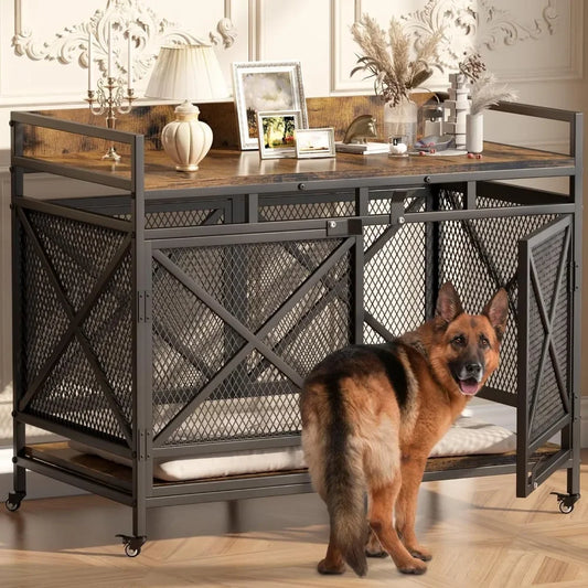 Large Dog Crate 48 Inch Wooden Kennel Heavy Duty Indoor Wire Cage with Caster Wheels