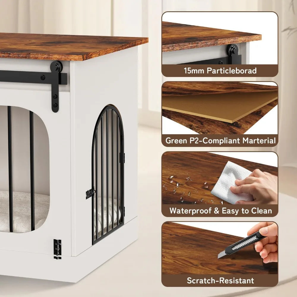 XL Farmhouse Dog Kennel Furniture With Cushion White Wood
