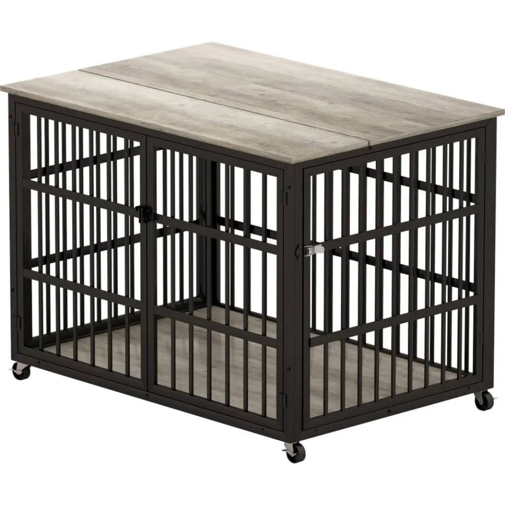 Grey Wrought Iron Dog Crate With Side Openings And Doors