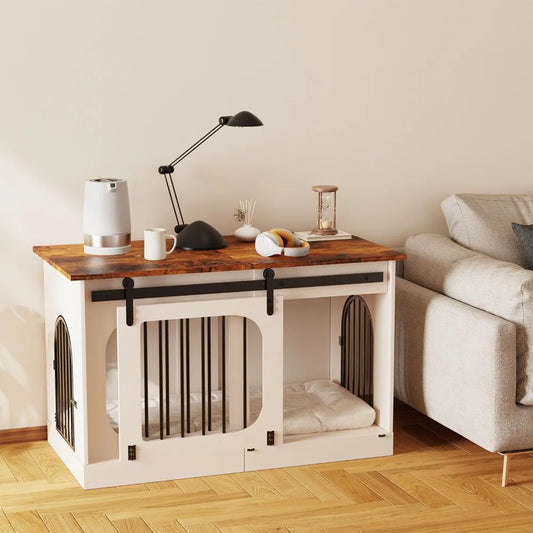 XL Farmhouse Dog Kennel Furniture With Cushion White Wood