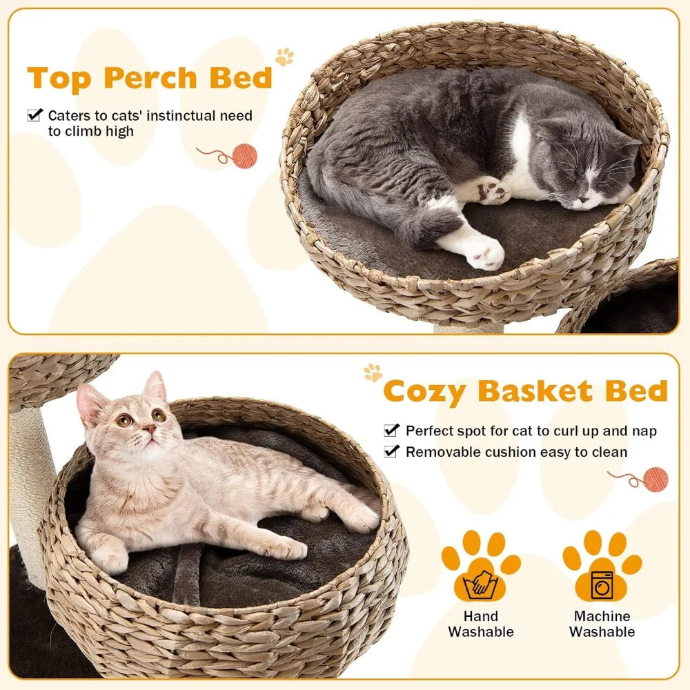 Tangkula Modern Cat Tree Tower with Sisal Scratching Post and Wicker Condo for Indoor Cats