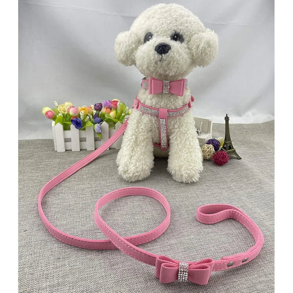 Diamante Bowtie Dog Collar Harness Leash Set for XS Puppies Soft Microfiber Pet Gear