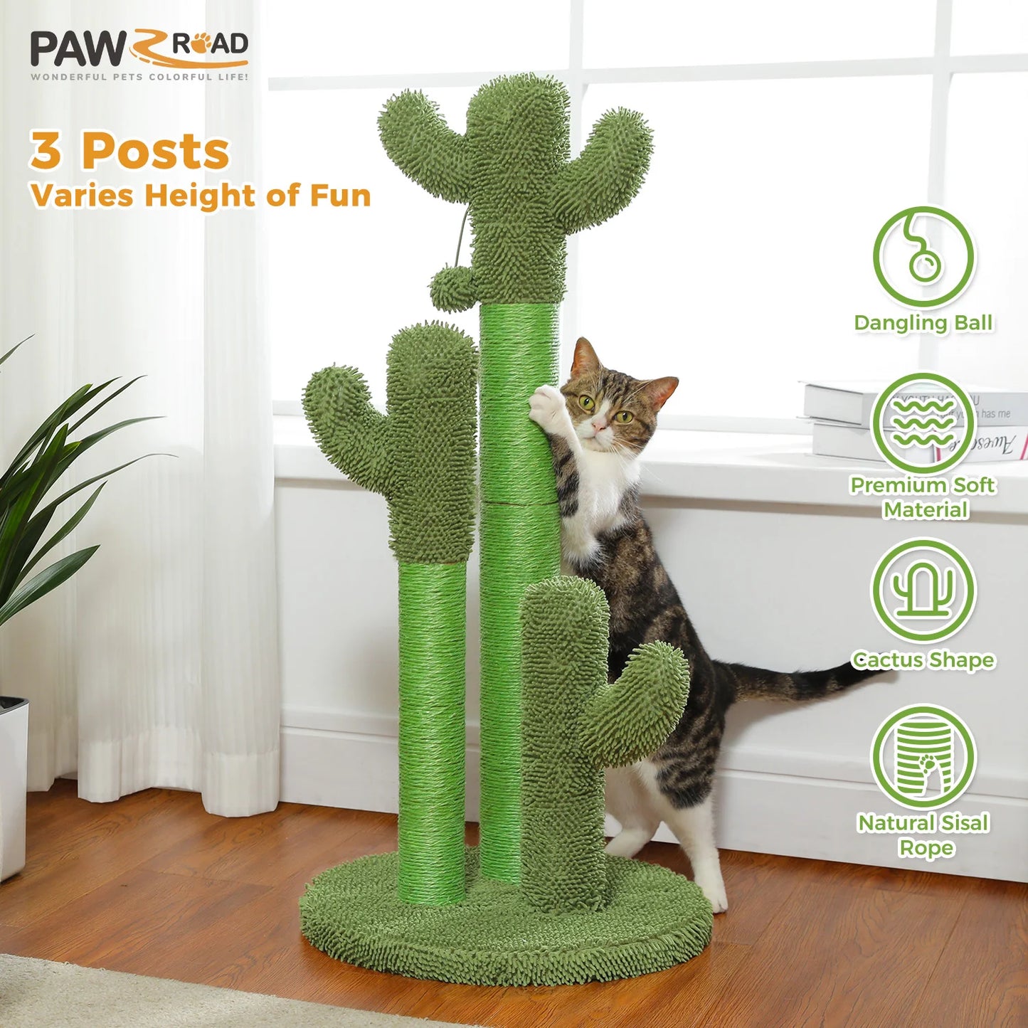 Cactus Cat Scratching Post with 3 Poles and Dangling Ball