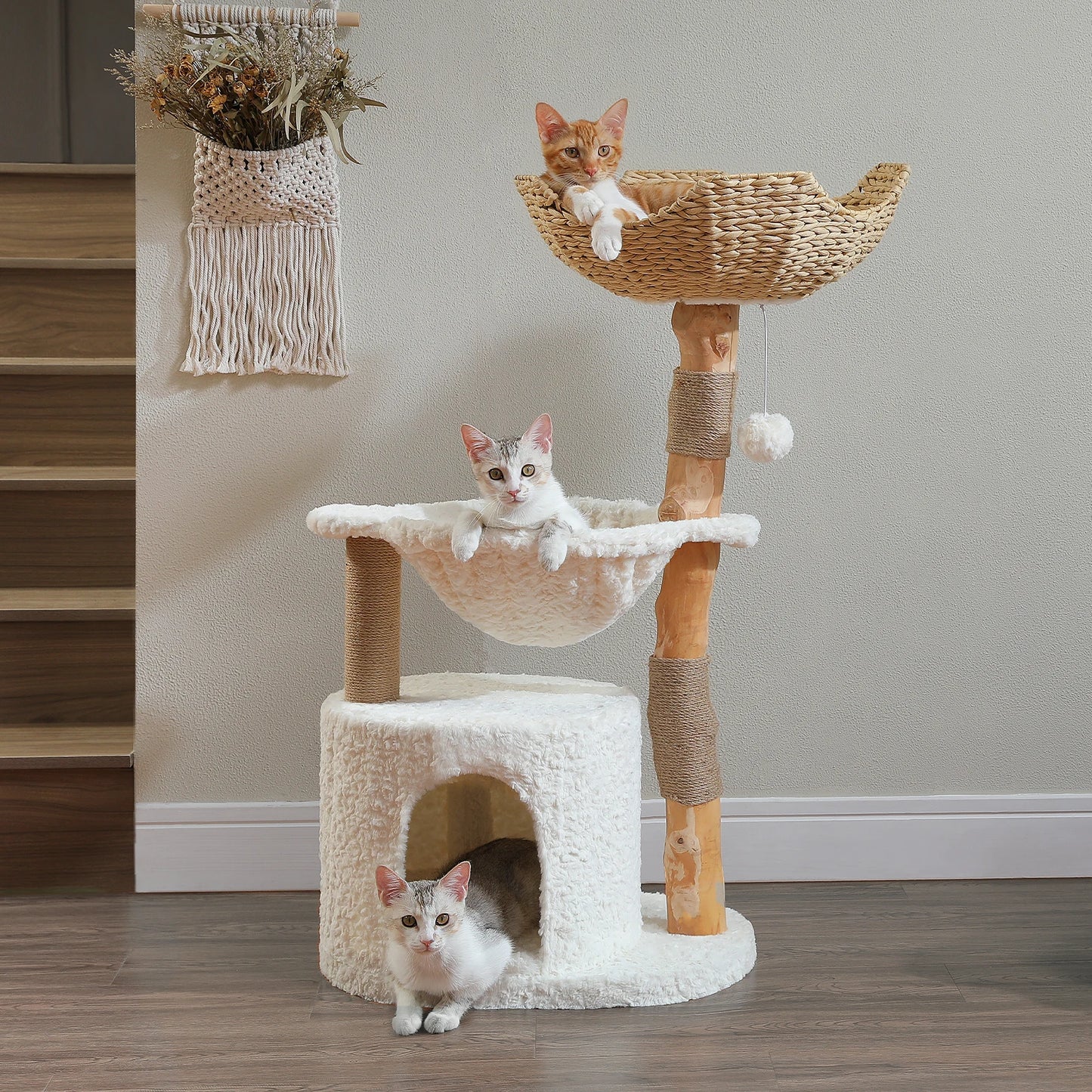 Modern Wood Cat Tree Tower With Large Wicker Basket And Hammock Indoor