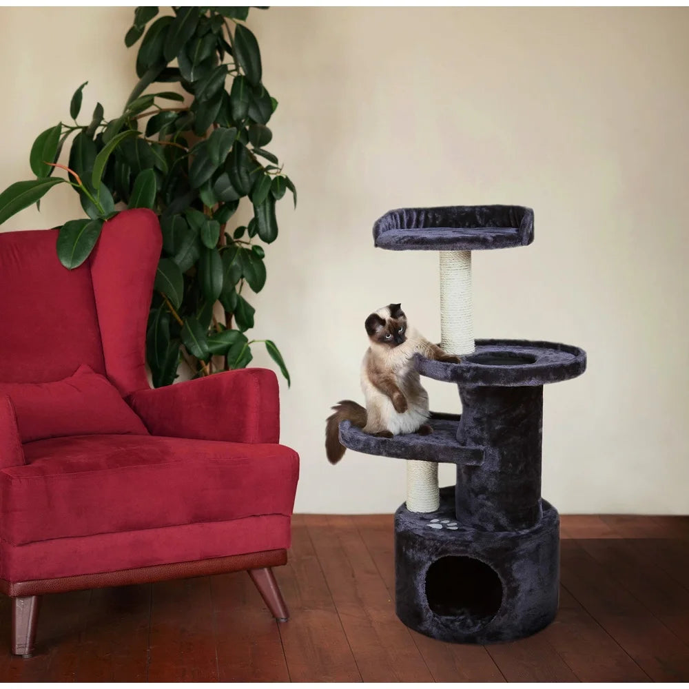 Three Level Cat Tree With Scratching Posts Dark Gray Sisal