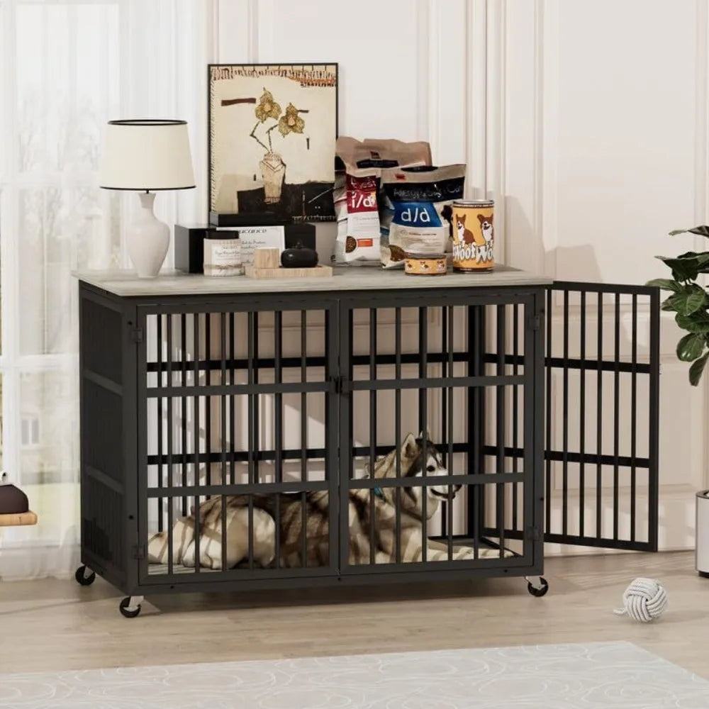 Grey Wrought Iron Dog Crate With Side Openings And Doors