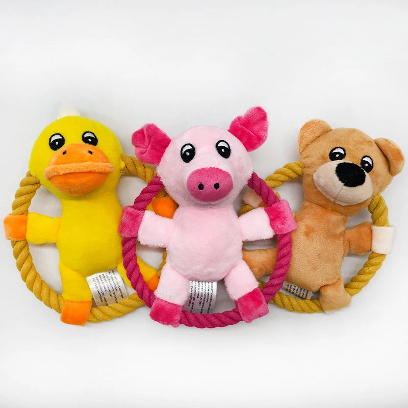 Cotton Rope Dog Toy Squeaker Throw Toy Cartoon Duck Pig