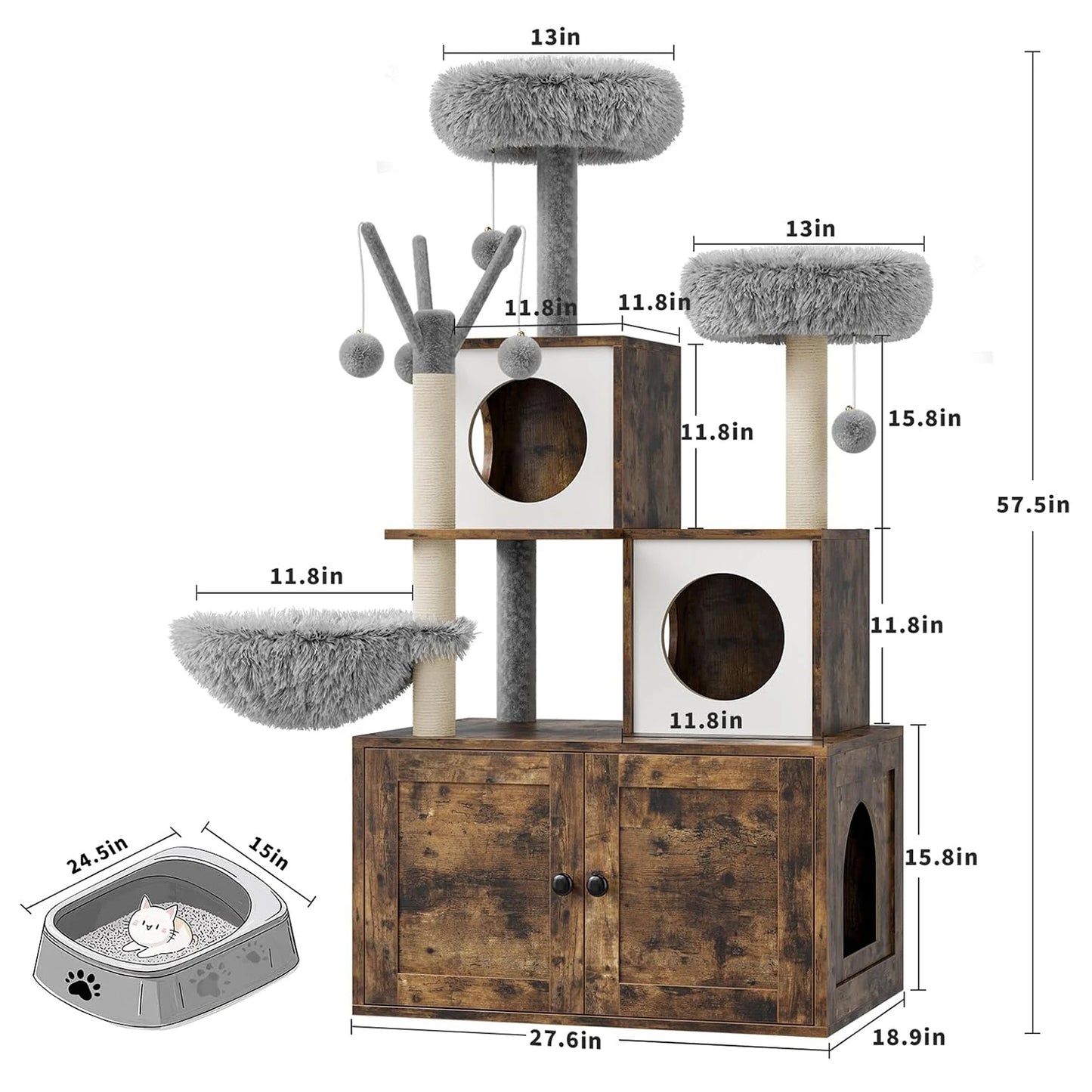 Wood Cat Tree with Litter Box Enclosure and Scratching Post for Indoor Cats