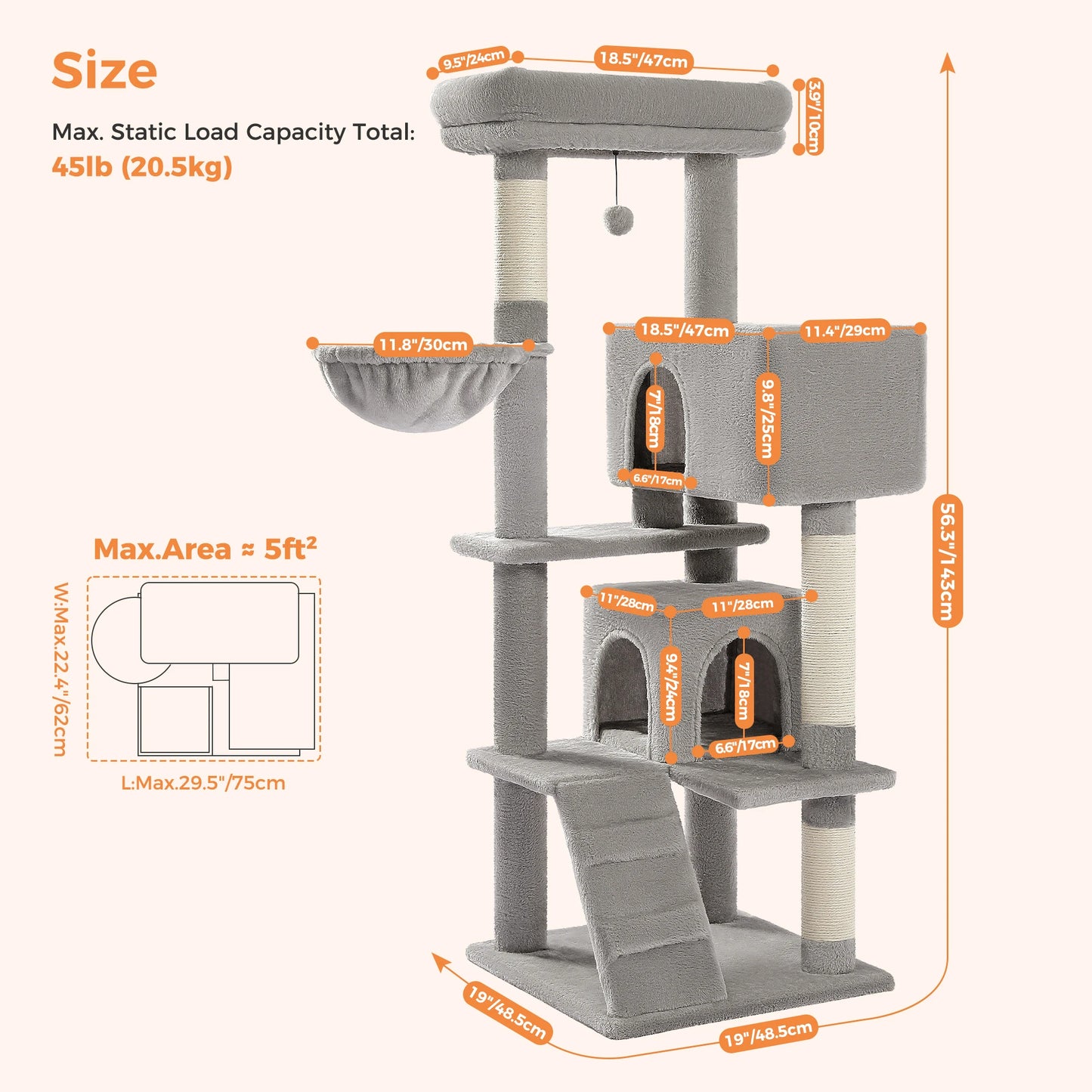 56.3 Inch Cat Tree for Large Cats with Plush Hammock and Super Large Top Perch