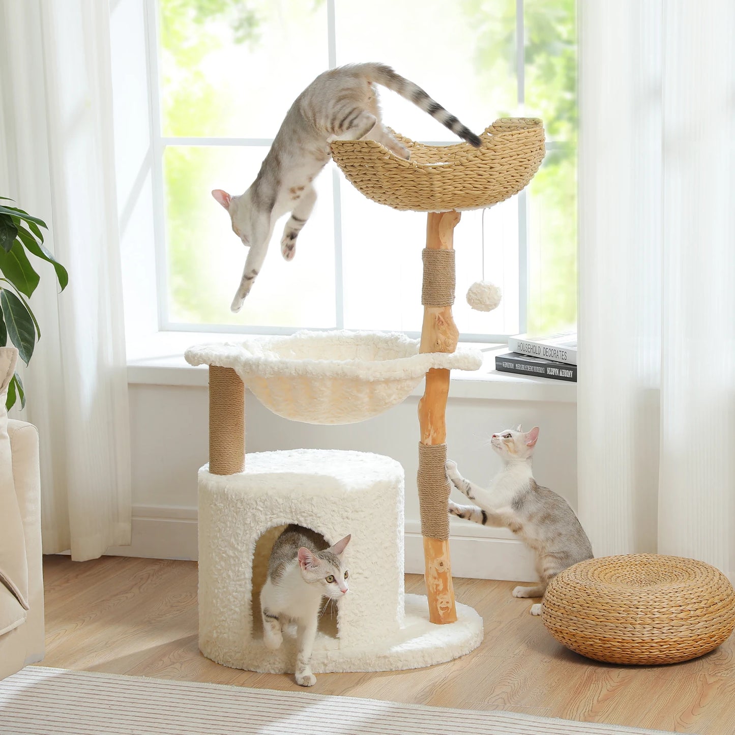 Modern Wood Cat Tree Tower With Large Wicker Basket And Hammock Indoor