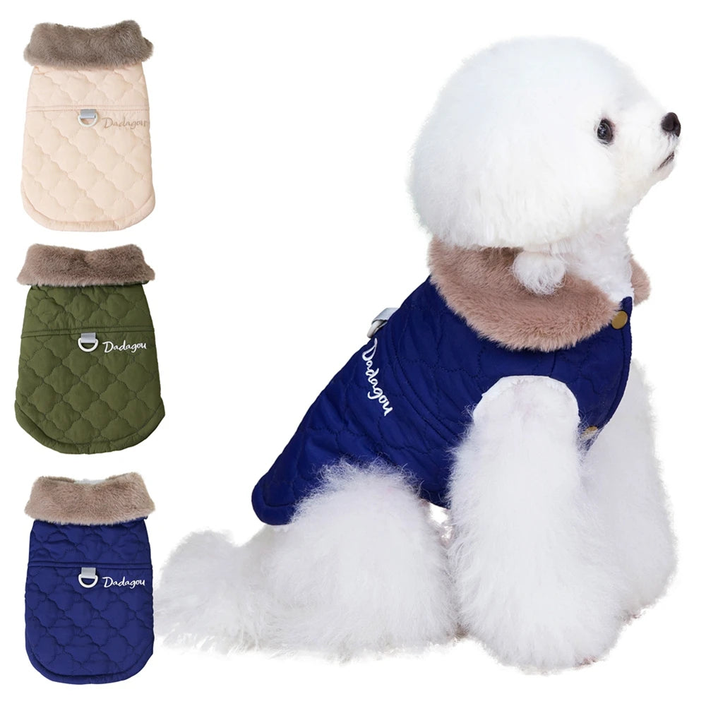 Winter Dog Coat With Fur Collar Warm Fleece Vest With D Ring