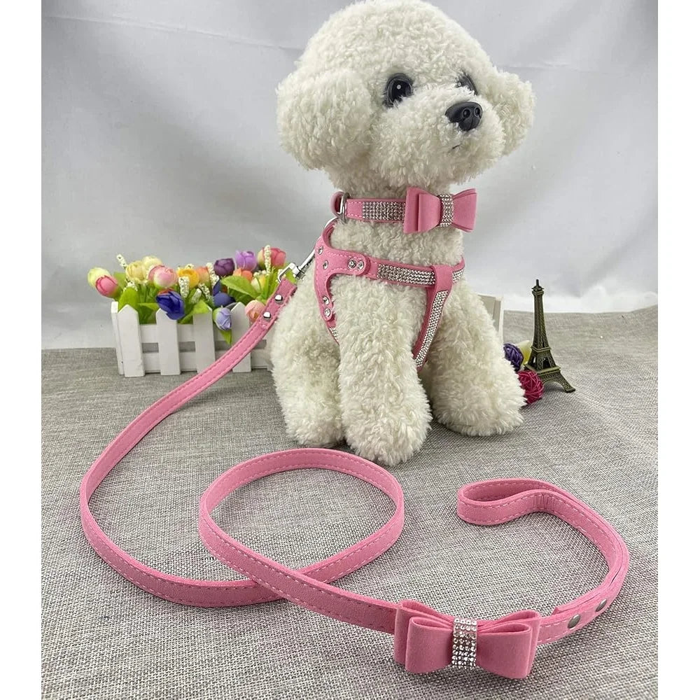 Diamante Bowtie Dog Collar Harness Leash Set for XS Puppies Soft Microfiber Pet Gear