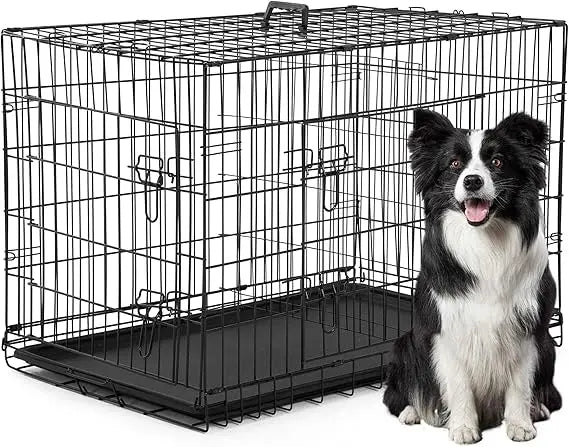 XL Dog Crate Double Door 42 Inch Folding Metal Wire Cage With Removable Tray