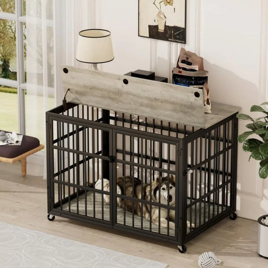 Grey Wrought Iron Dog Crate With Side Openings And Doors