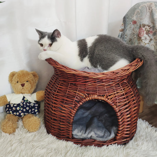 2-Tier Wicker Cat Bed with Soft Cushions Double Layer Indoor Pet Sleeping and Play House