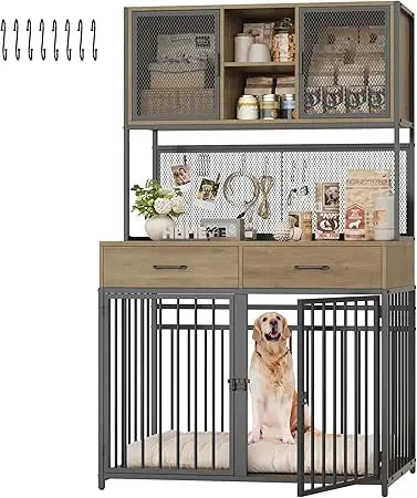 71 Inch Tall Dog Crate Furniture with Hutch and Storage for Large Medium Dogs