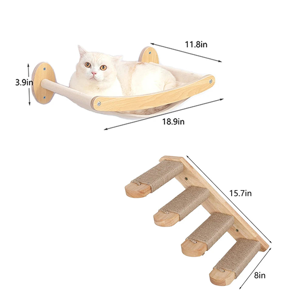Cat Hammock and Stairway Wall Mounted Climbing Shelf with Sisal Rope Scratching Toy for Cats