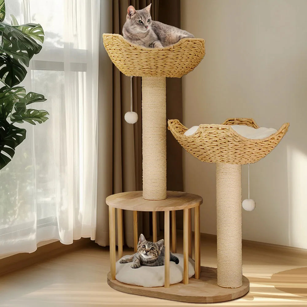Three Tier Cat Tree Plush Napping Perches Sisal Rope Indoor