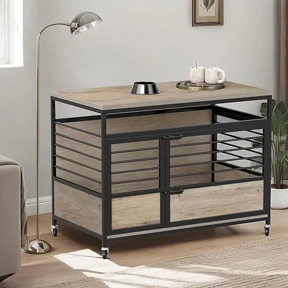 39 Inch Dog Crate Table On Wheels Heavy Duty Wood Cage With Double Doors